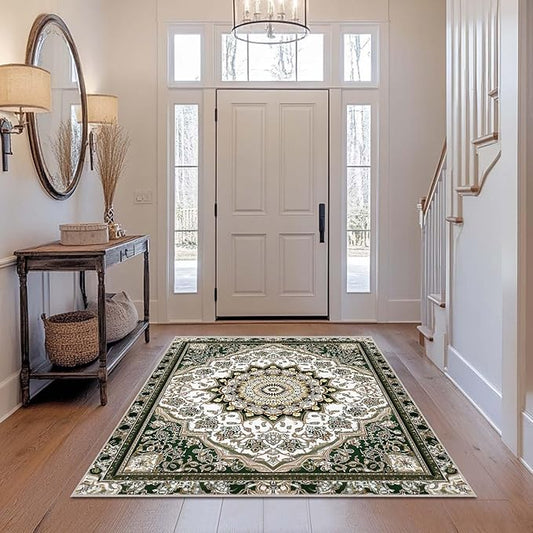4x6 Area Rug Machine Washable Rugs Traditional Oriental Vintage White Dark Green Rug Non-Slip Low Pile Large Carpet for Home Kitchen Living Room Bedroom Dining Room Office