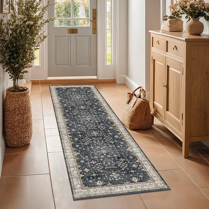 Black 2x7 Long Runner Rugs for Entryway, Throw Runners for Kitchen Hallway, Boho Vintage Floral Decor & Non-Slip Low-Pile Washable Stain Resistant Ashen Charcoal Rug