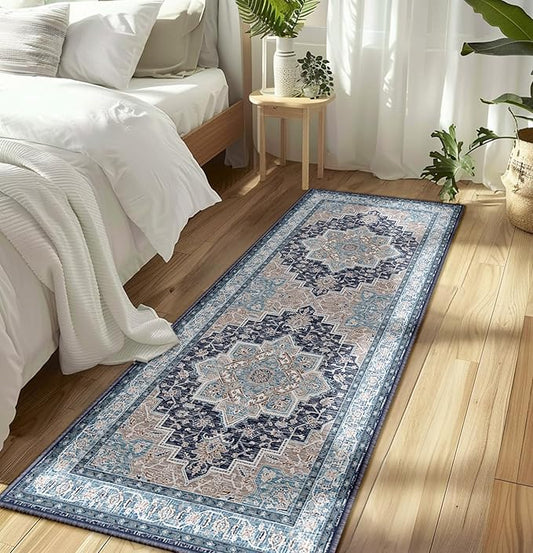 BESTSWEETIE 2x6 Area Rugs for Living Room, Washable Ultra Soft Boho Vintage Print Pattern Rug Non Slip Low Pile Carpet for Dining Room Bedroom Entryway Indoor-Navy/Light Blue/Natural