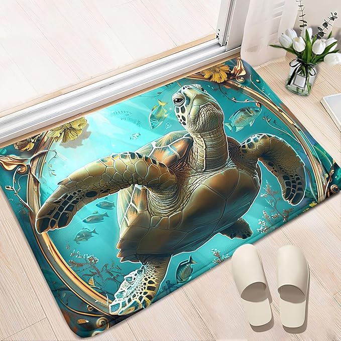 Sea Turtles Rug - Seafloor Turtle Area Rug for Kids 35" L x 23" W Fish Ocean Life Turtles Carpet Rugs for Bedroom Living Room Kids Room Decor