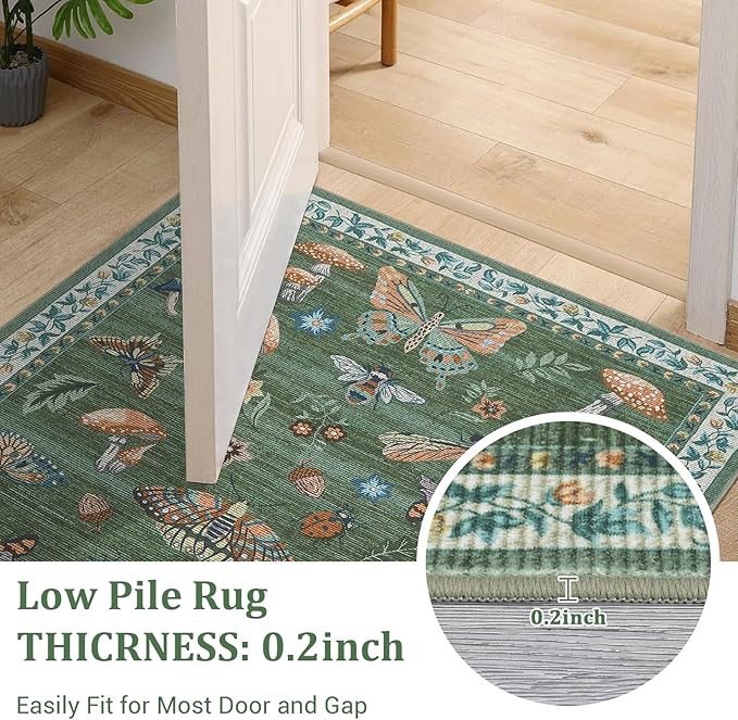 2.5x10 Runner Rug for Hallway Washable Kitchen Rugs Non Slip with Rubber Back Mushroom Soft Low-Pile Stain Resistant Foldable Indoor Carpet for Entryway Laundry Room Floor Mats Green