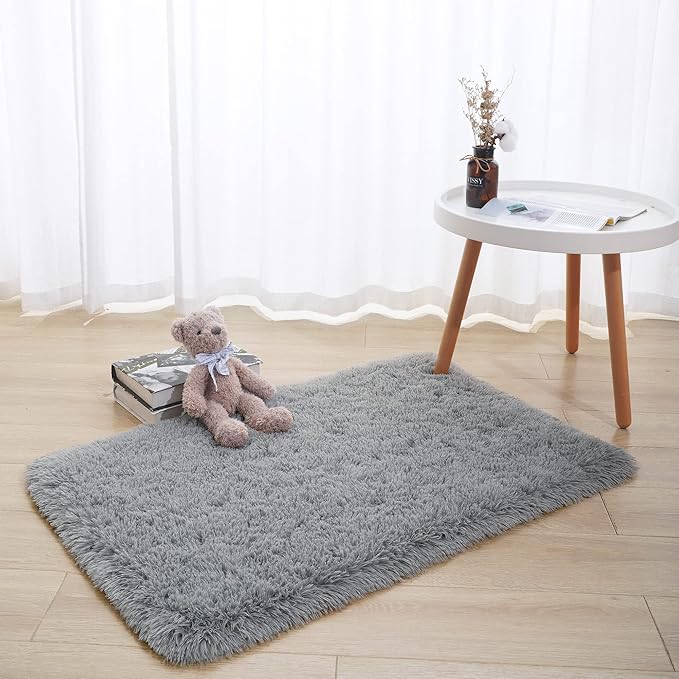 Tepook Super Soft Fluffy Rug for Bedroom, Modern Shaggy Rug Fuzzy Kids Rug for Living Room, Plush Indoor Nursery Home Decor Rug with Non-Slip Bottom, Grey, 2 X 3 Feet