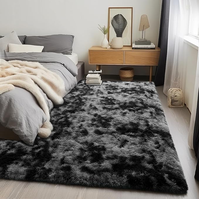 Zentavio Black and Grey Area Rugs for Living Room Large Men Room Carpet 5x8 Bedroom Fluffy Furry Shag Aesthetic Plush High Pile Floor Rug for Kids Room Dorm Home Decor Gray