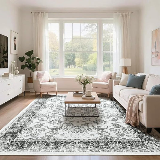 Area Rugs for Living Room, 4x6 Washable Rugs for Bedroom, Non-Slip Floral Carpet for Entryway Office Kitchen Dining Room, Grey and White