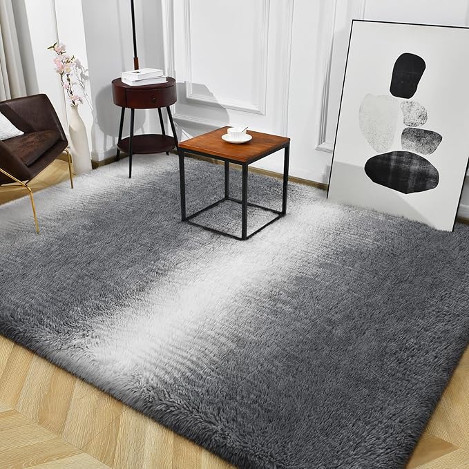 TWINNIS Super Soft Shaggy Rugs Fluffy Carpets, 4x5.9 Feet, Indoor Modern Plush Area Rugs for Living Room Bedroom Kids Room Nursery Home Decor, Upgrade Anti-Skid Rectangular Fuzzy Rug, Grey White