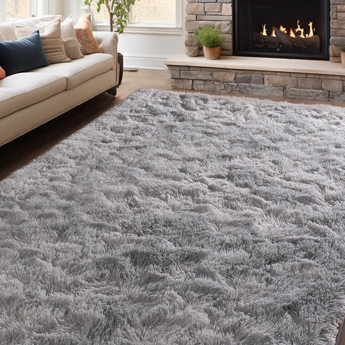 Zentavio Grey and White Area Rugs for Living Room Large Men Room Carpet 9x12 Bedroom Fluffy Furry Shag Aesthetic Plush High Pile Floor Rug for Kids Room Dorm Home Decor Tie-Dyed