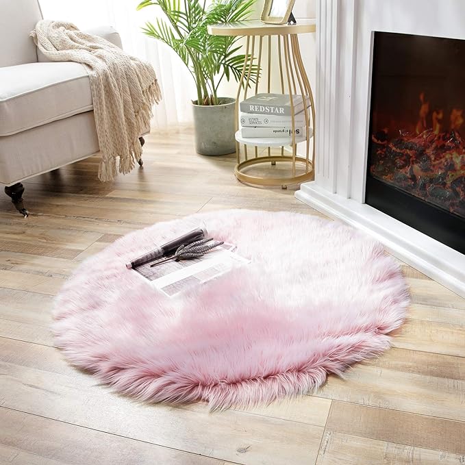 Ashler Faux Fur Rug - Fluffy Shaggy Area Rug, Ultra Soft 3 x 3 Feet Round, Frosted Bottom Pink Fuzzy Machine Washable Shag, Nursery Decor Throw for Bedroom, Kids Room, Living Room
