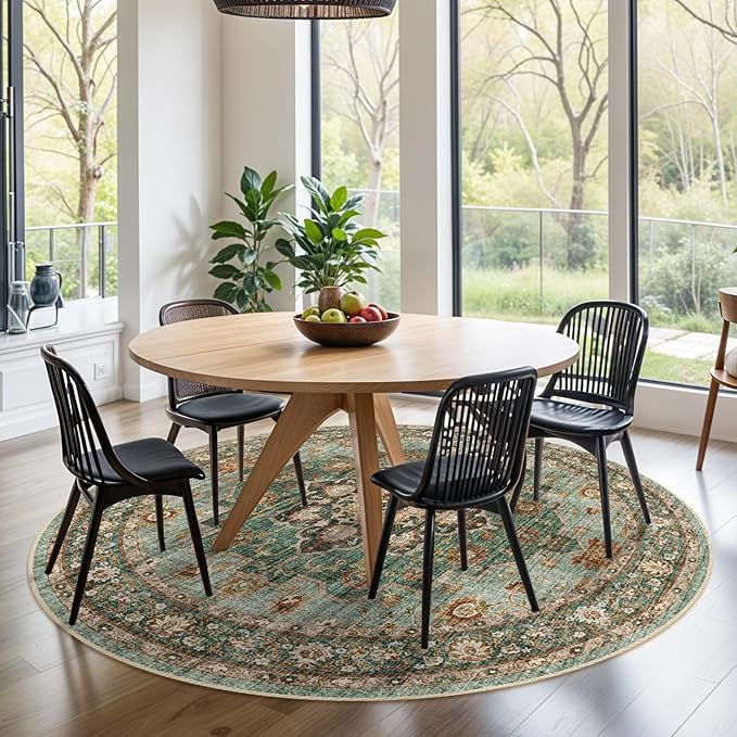 Washable Oriental Area Rug - 9ft Round Rugs for Living Room Soft Carpet for Bedroom Waterproof Floral Distressed Indoor Stain Resistant Non-Shedding Floor Carpets (Green, 9ft-Round)