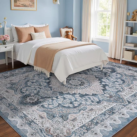 8x10 Area Rug for Bedroom, Machine Washable Rugs with Non-Slip Backing for Living Room, Large Vintage Carpet Kitchen Laundry Kids Room Decor, Blue & Beige