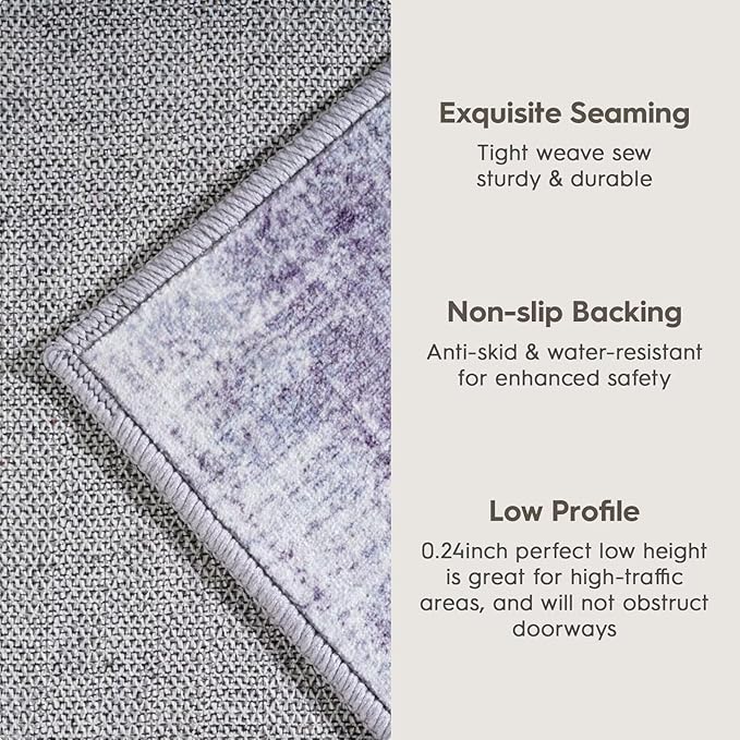 Eleisa Modern Abstract 2x8 Hallway Runner Rug, Purple & Grey, Non-Slip Washable Low Pile Rugs, Vintage Rug Hallway Indoor Carpet for Kitchen, Entryway and Laundry Room