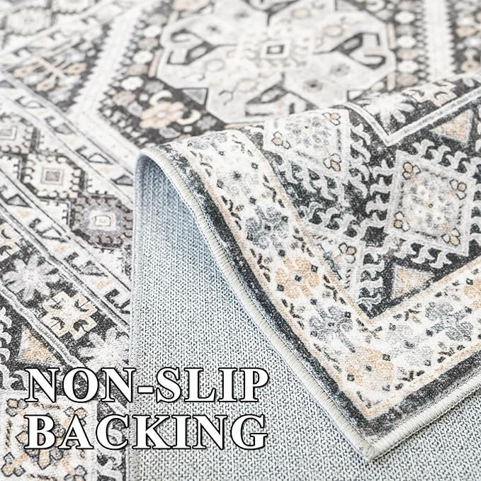 Washable Living Room Area Rug: 5x7 Super Soft Vintage Non Slip Backing Indoor Rug Oriental Bedroom Farmhouse Carpet Stain Resistant Ultra Thin Distressed Mats for Kitchen Entry 5x7 Black