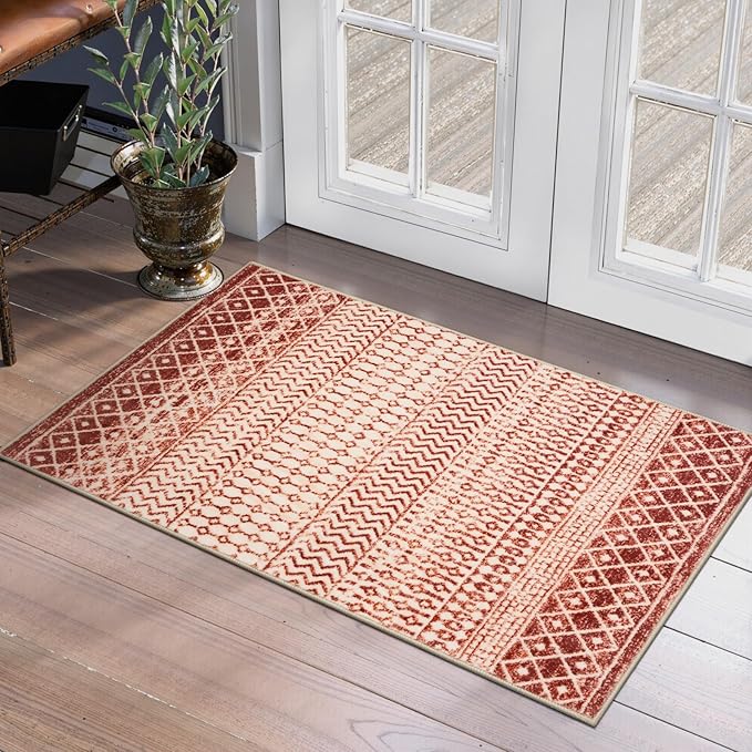 Moroccan Indoor Door Mats for Entryway, 2x3 Throw Rugs with Rubber Backing Washable, Soft Low-Pile Kitchen Rug Floor Carpet for Entrance Bedroom Bathroom Powder Room