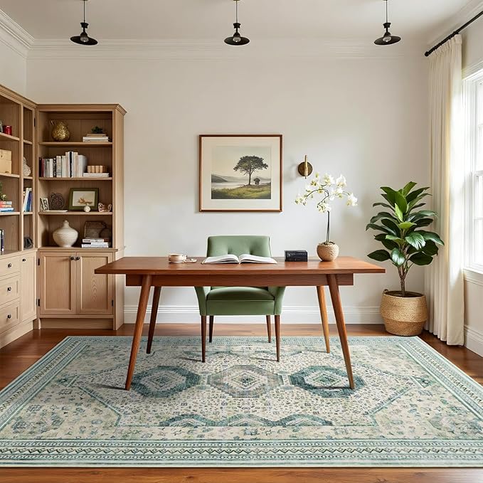 Maxsoft 6x9 Area Rug,Vintage Machine Washable Rugs for Living Room, Soft Non-Slip Low Pile Rug, Stain Resistant Rugs for Kitchen, Bedroom, Dining Room,Laundry Room,Nursery (Light Green)