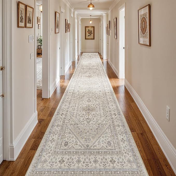 3x20 Runner Rug for Hallway Washable: Non Slip Kitchen Rugs with Rubber Backing Soft Waterproof Mats Stain Resistant Indoor Vintage Carpet Runner for Bedroom Bathroom Laundry Entryway Beige/Gray