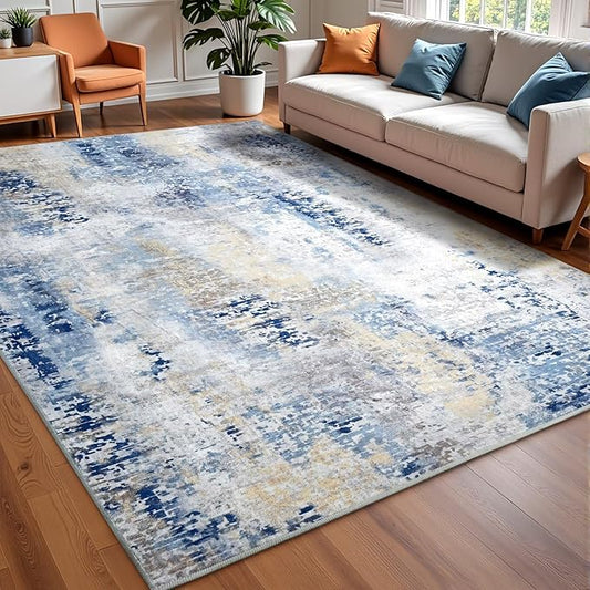 Washable Abstract Rug, 8x10 Modern Area Rugs with Non-Slip Rubber Backed for Living Room, Thin but Soft Contemporary Carpet Kitchen Bedroom Dining Room Decor, Midnight Blue