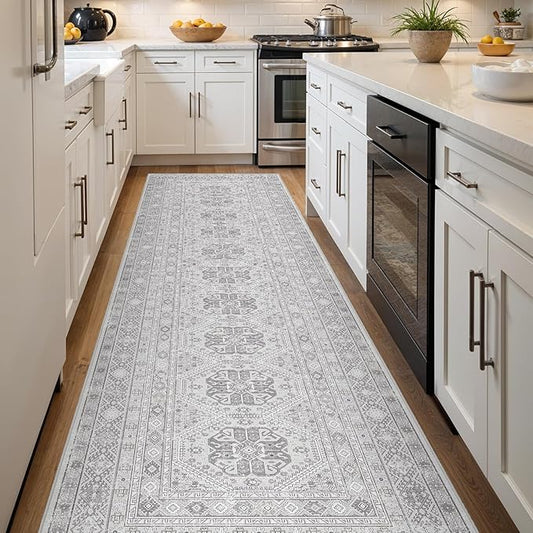 3x12 Runner Rug Kitchen Washable: Oriental Indoor Hallway Runners with Non Slip Backing Floor Mat for Entryway Door Low Pile Thin Carpet for Bedroom Bathroom Living Room Bedside Grey