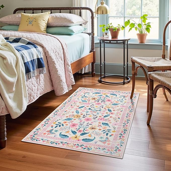 Terrug 2x3 Pink Floral Area Rug for Entryway,Boho Machine Washable Throw Rugs with Non-Slip Blacking for Kitchen,Small Flower Carpet for Bedroom Front Door Laundry Floor Decor