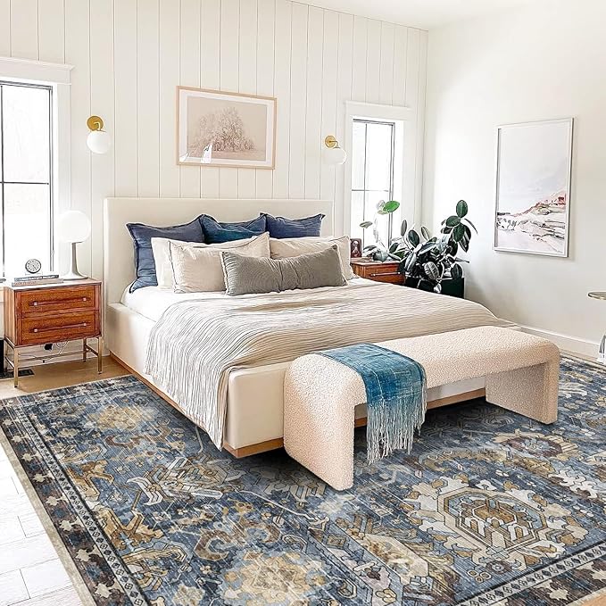 Washable Area Rugs - Perfect for Living Room, Bedroom, Kids Room, Nursery - Stain & Water Resistant Non-Slip, Pet & Child Friendly, Vintage Tribal Area Rugs (Navy, 8' x 10')