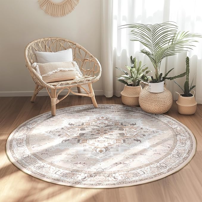 BESTSWEETIE 4ft Area Rugs for Living Room Washable Non Slip Carpet Low Pile Soft Vintage Print Pattern Rug for Bedroom Dining Room Kitchen Entryway Indoor-Light Pink