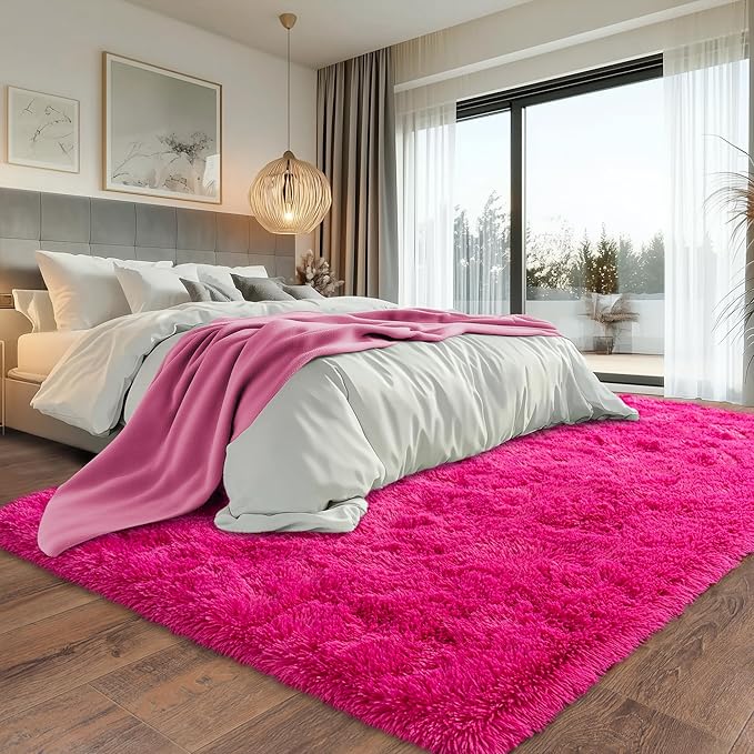 Hot Red Fluffy Rug for Bedroom 6x9 ft - Ultra Soft & Non Slip Shaggy Area Rug, Comfy Durable Carpet for Living Room Kids Room Teens Dorm Home Decor, 1.7'' Thick Indoor Plush Carpets
