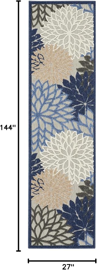 Nourison Aloha Indoor/Outdoor Blue/Multicolor 2'3" x 12' Area Rug, Tropical, Botanical, Easy Cleaning, Non Shedding, Bed Room, Living Room, Dining Room, Deck, Backyard, Patio (2x12)