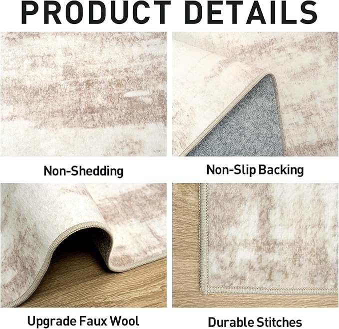 10x14 Area Rugs Washable Rug: Modern Abstract Living Room Rug Soft Anti-Skid Thin Carpet Indoor Floor Non-Shedding Carpets for Bedroom Dining Room Farmhouse Nursery Home Office - Brown Ivory