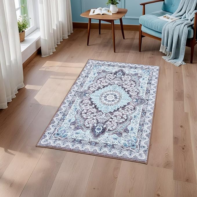 2x3 Small Area Rug for Entryway, Soft Washable Rugs with Non-Slip Backing for Bedroom Kitchen, Vintage Throw Carpet Laundry Entry Door Decor, Blue & Brown