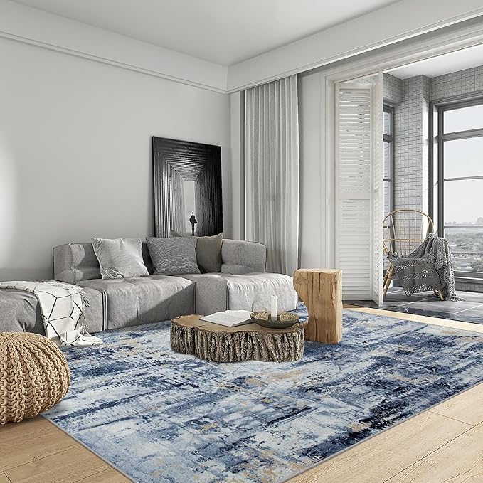 10x14 Area Rugs Washable Rug: Modern Abstract Living Room Rug Soft Anti-Skid Thin Carpet Indoor Floor Non-Shedding Carpets for Bedroom Dining Room Farmhouse Nursery Home Office Blue Gold