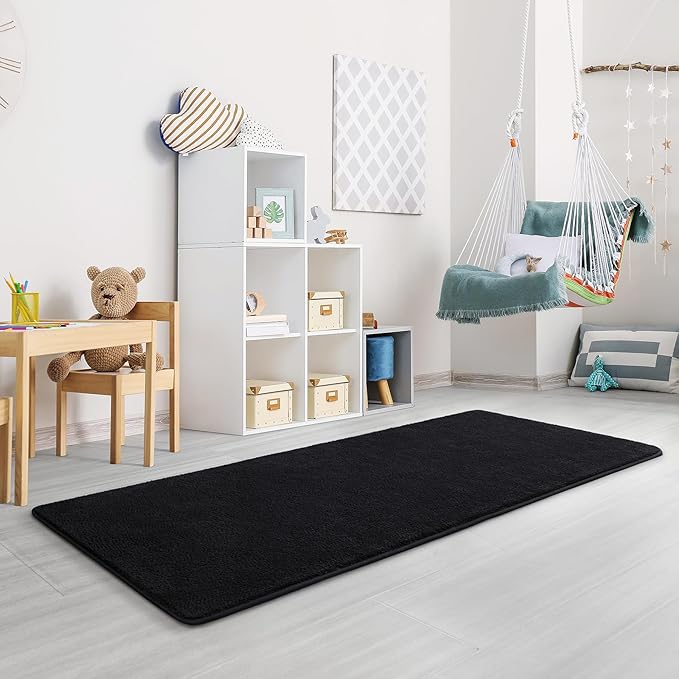 Keeko 2x8 Long Runner Rug, Black Bedroom Bedside Runner Rug Living Room Carpet Area Throw Rugs for Hallway Soft Indoor Memory Foam Rugs for Teen Kids Classroom Nursery Dorm Laundry Room Decor