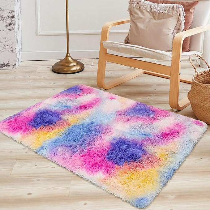 2x3 ft Small Throw Rugs Furry, Non Slip Mini Area Rug, Fluffy Tie-Dyed Rainbow Carpet,for Bedroom Door Entryway Indoor Inside Front Entrance Dog Mat, Home Decor Aesthetic, Nursery