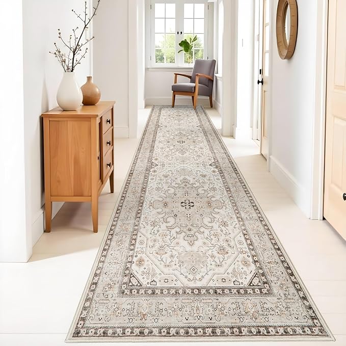3x12 Runner Rug Hallway - Non Slip Washable Runners Soft Low Pile Long Rugs Oriental Neutral Hall Carpets Ultra Thin Indoor Farmhouse Floor Mat Stain Resistant Waterproof Throw Rug - 3x12 Ivory