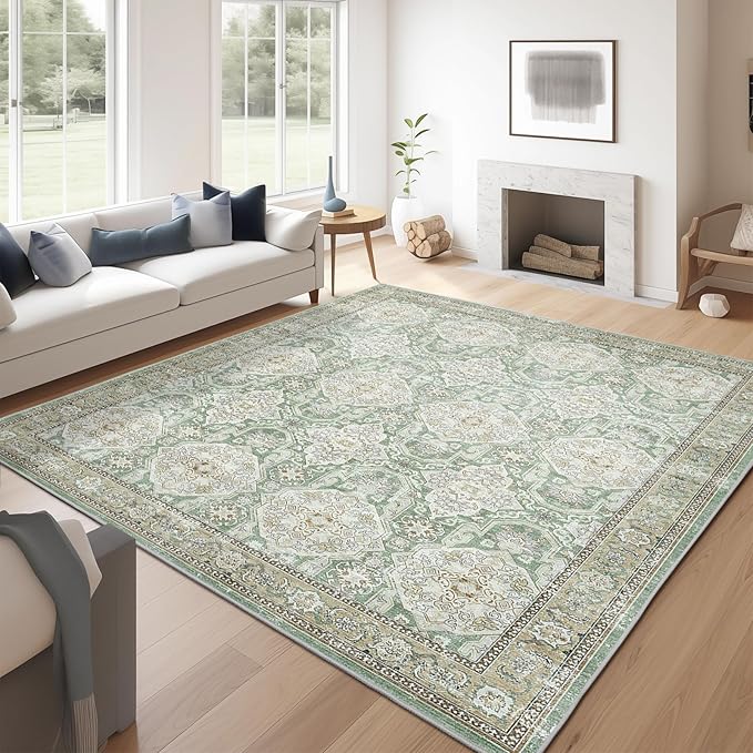 3x5 Area Rugs, Washable Rug, Small Stain Resistant Area Rug for Living Room Bedroom Kitchen Dining Room, Vintage Geometric Rug (Green, 3'x5')