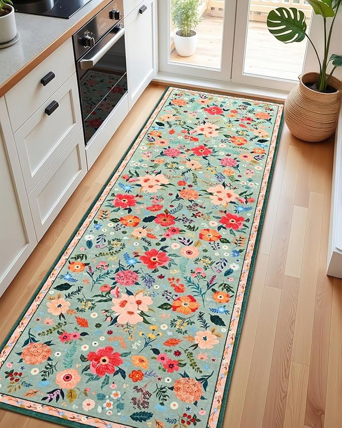 2.5x8 Floral Runner Rug, Flowers Printed Washable Rugs with Non Slip Backing for Girls Bedroom Kitchen Hallway,Cute Carpet Runners Home Aesthetic Decor, Light Green