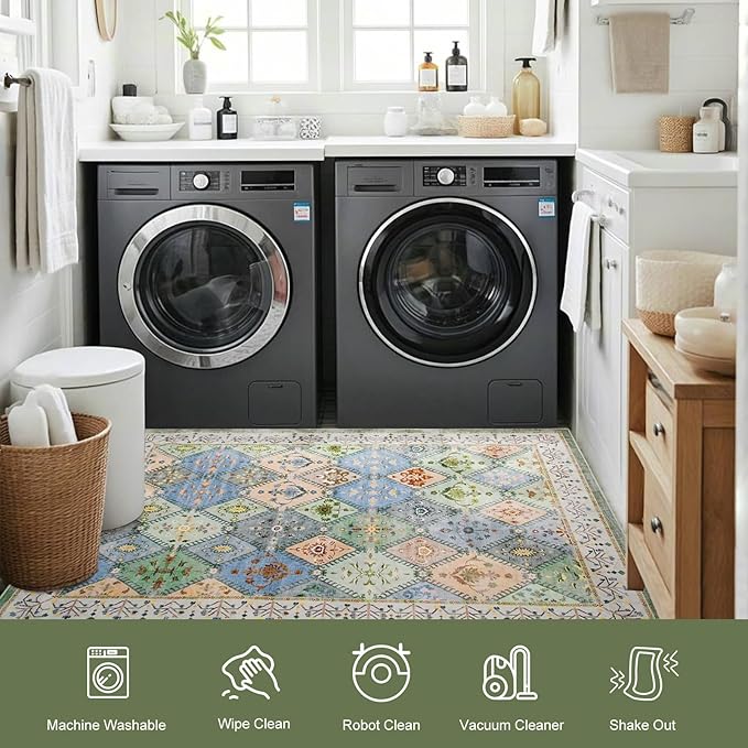 2x3 Small Washable Area Rug for Entryway, Green Boho Non-Slip Indoor Kitchen Rugs, Moroccan Floral Trellis Carpet Soft Low Pile Vintage Throw Mat for Bedroom Bathroom Front Door
