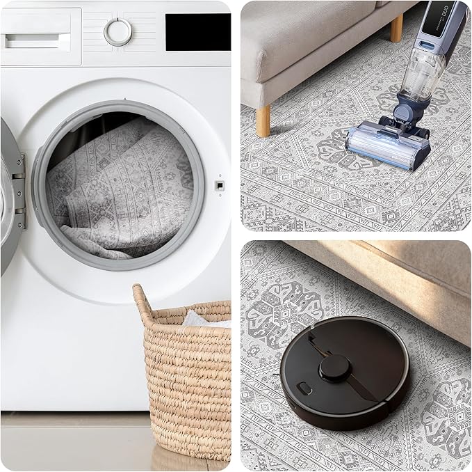 Washable Area Rug Non Slip - 2x3 Small Kitchen Boho Rug Vintage Entryway Low Pile Carpet for Doormat Grey