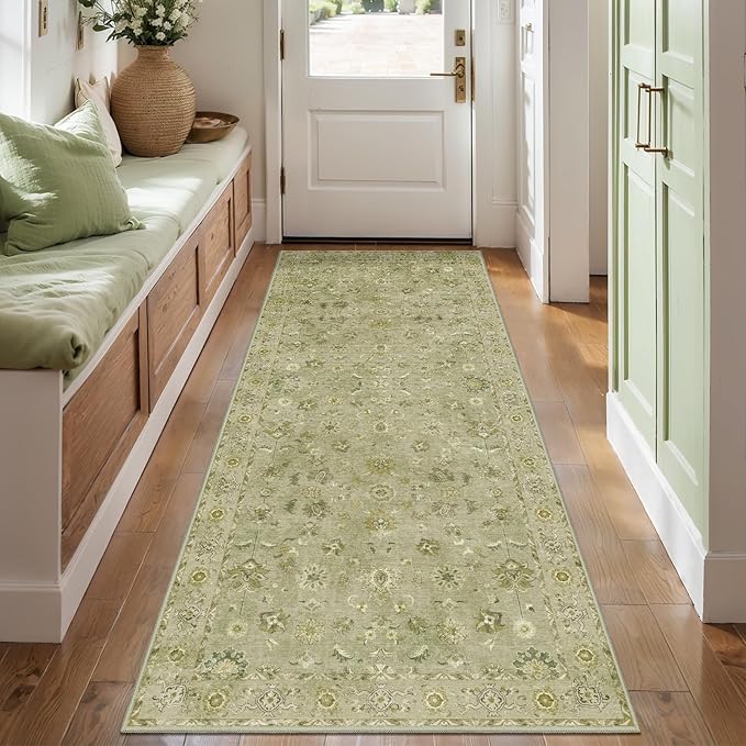 2x5 Washable Runner Rug for Hallways, Non-Slip Floral Vintage, Soft Low Pile Long Carpet, Print Distressed Green for Kitchen Bedroom Entryway Bathroom Living Room