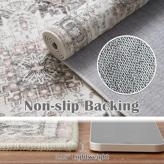 jinchan Area Rug 3x5 Washable Soft Thin Vintage Low Pile Non Slip Distressed Carpet Indoor Oriental Medallion Rug for Bedside Bathroom Bedroom Laundry Room Dining Room Grey Multi