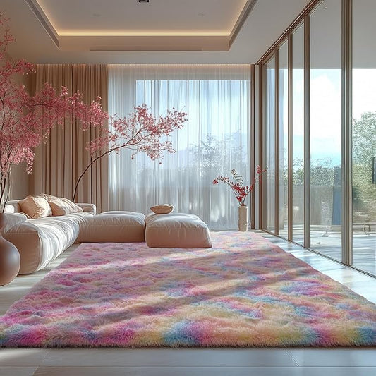Zentavio Unicorn Rugs for Girls Room 8x10 Area Rugs for Living Room Carpet for Bedroom Washable Soft Fluffy Shag Aesthetic Plush High Pile Rug for Nursery Kids Room Dorm Room Rainbow