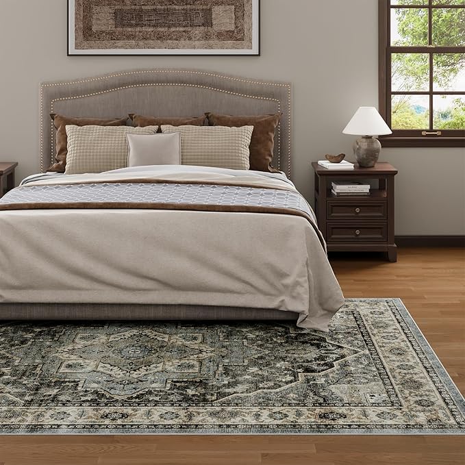 Dripex 5x7 Area Rugs, Machine Washable Non Slip Distressed Boho Rugs, No Pile Lightweight Vintage Rug, Floor Carpet for Living Room,Dining Room,Bedroom and Office,Dark Blue and Green