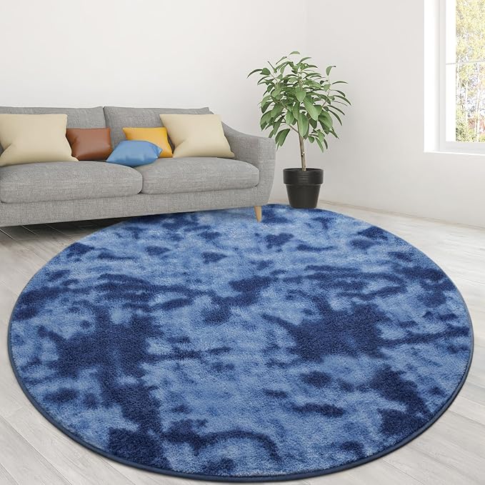 Lascpt Round Rug for Bedroom 7x7, Tie-Dyed Navy Blue Circle Rug for Living Room Super Soft Thicken Memory Foam Circular Rug, Indoor Area Rug for Modern Home Decor, Round Carpet for Nursery Kid's Room