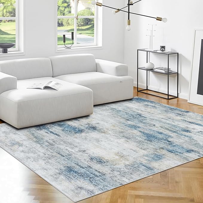 4'x6' Washable Area Rug - Modern Abstract Carpets for Living Room, Bedroom & Dining Room, Stain Resistant, Soft Non-Slip, Machine Washable (Blue Grey)