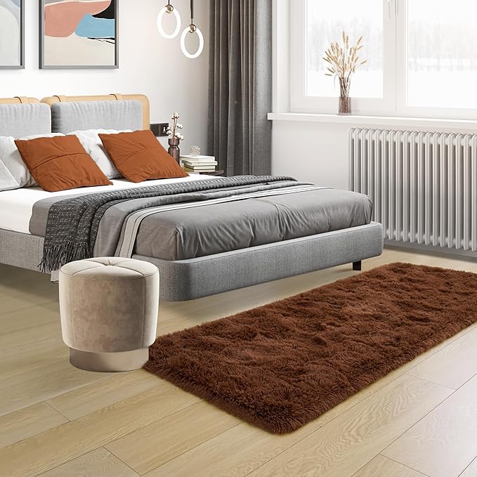 Tepook Soft Runner Rugs for Bedroom 2x6 ft with Rubber Backing, Brown Fluffy Rugs for Living Room, Shag Bedside Rug Fuzzy Plush Carpet for Room, Area Rug for Dorm Nursery Hallway Indoor Home Decor