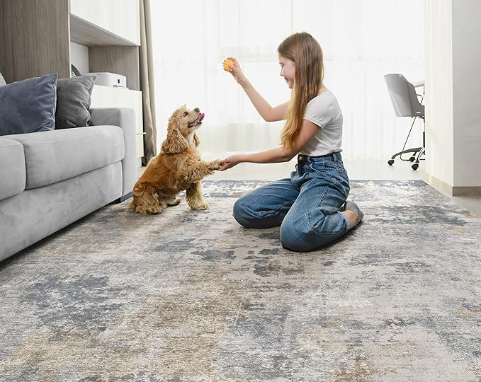 9x12 Area Rug Living Room Rugs - Washable Neutral Modern Abstract Soft Thin Large Rug Indoor Floor No Slip Rug Carpet for Bedroom Under Dining Table Home Office Decor - Blue Grey