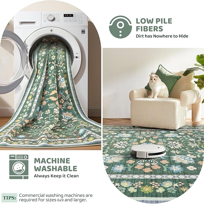 10x14 Area Rug Living Room Rugs - Washable Boho Vintage Floral Large Soft Non Slip Thin Rug Low Pile Carpet for Bedroom Dining Room Kids Playroom Office Decor Indoor- Green