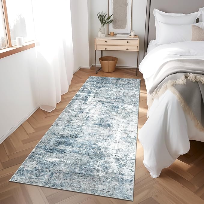 Runner Rug 2'x6' Abstract Washable Non-Slip Runner Rugs for Kitchen Bathroom Laundry Room Blue Vintage Floor Carpet Runners for Hallway Entryway