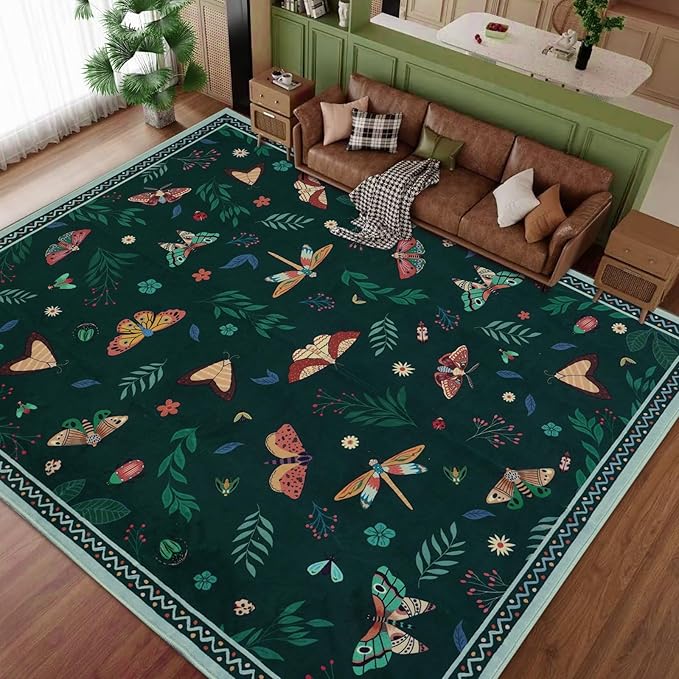 ASPMIZ Insect Area Rug 8X10 Living Room Rug, Spring Summer Washable Rug Non Slip, Farmhouse Butterfly Rugs for Living Room Low Pile, Soft Faux Wool Throw Carpet for Kids Room Dining Room, Dark Green