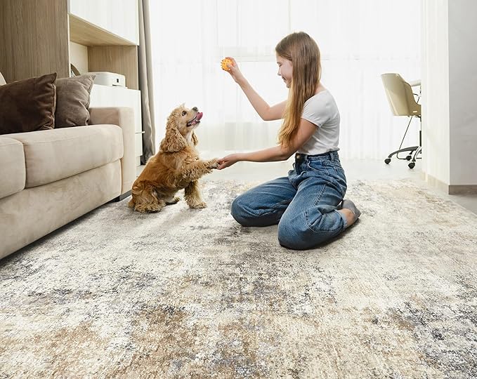 10x12 Area Rug Living Room Rugs - Washable Neutral Modern Abstract Soft Thin Large Rug Indoor Floor No Slip Rug Carpet for Bedroom Under Dining Table Home Office Decor - Golden Grey
