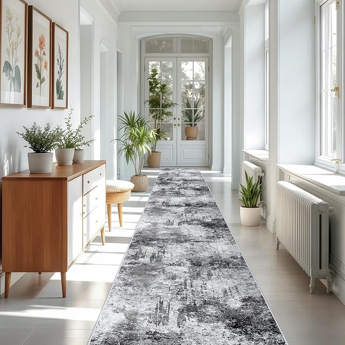 RUUGME Washable Hallway Rug 3x16 - Runner Rug Stain Resistant for Living Room Non Slip Indoor Entryway Rubber Backing Carpet Bedroom Kitchen Distressed Floor Decor Mat Machine Washable 3x16 Black A