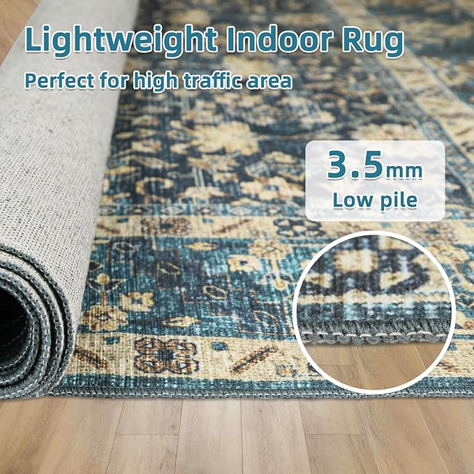 Dripex 6x9 Area Rugs, Machine Washable Non Slip Distressed Boho Rugs, Area Rug for Living Room, No Pile Lightweight Vintage Rug, Soft Accent Carpet for Dining Room,Bedroom,Navy Blue