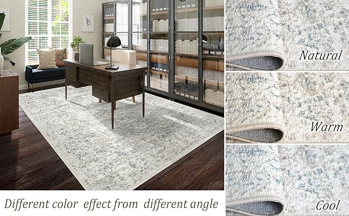 Area Rug 8x10 Washable Rug Living Room Vintage Rug Non Slip Accent Thin Retro Floral Print Indoor Mat for Bedroom Kitchen (Cream-Based with Grey 8x10)…